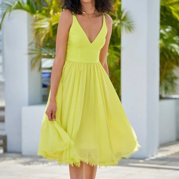 Dress the Population Alicia Dress Neon Yellow Chiffon Midi Twirl V-Neck Size S - Picture 2 of 11
